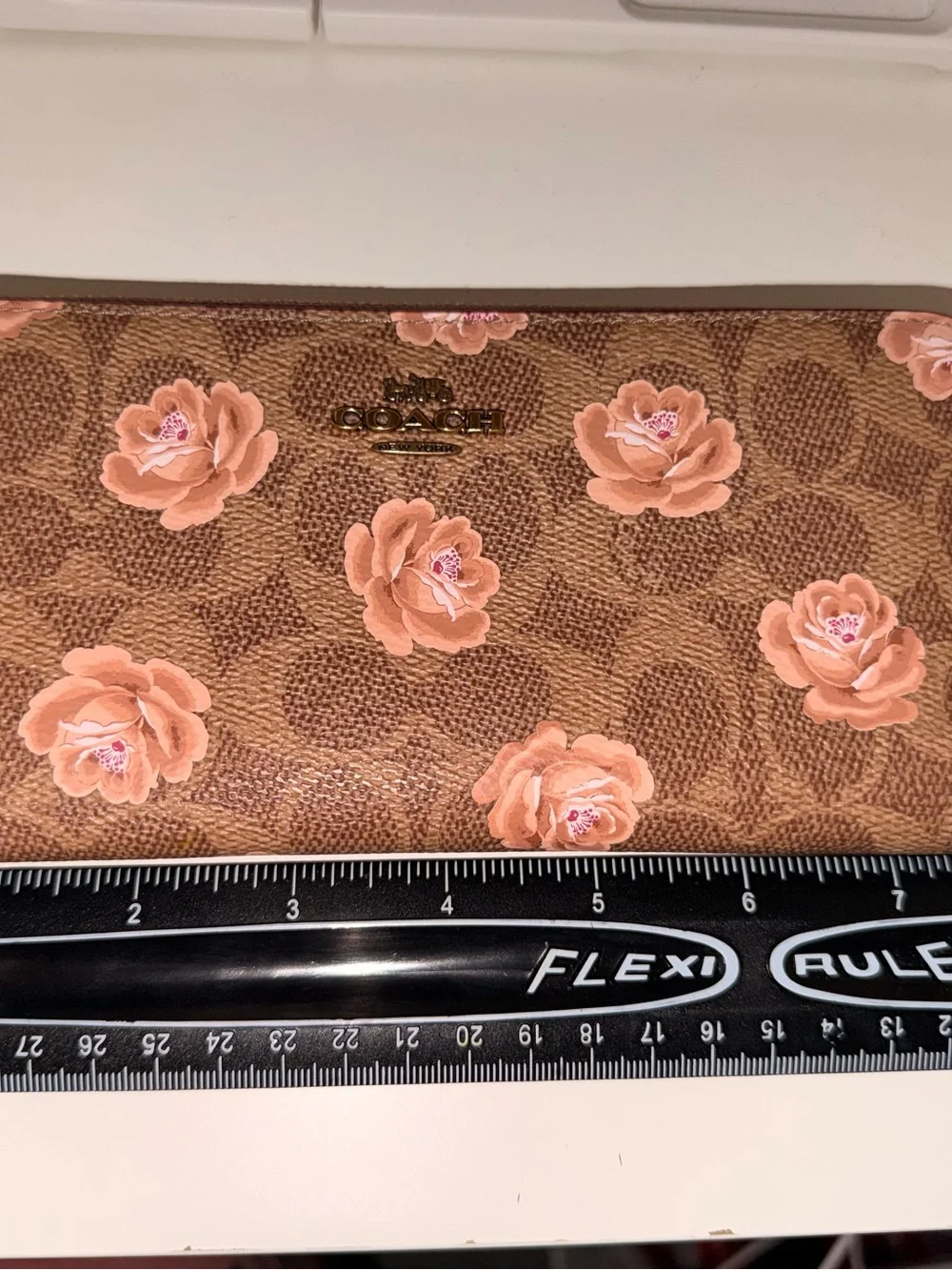Coach Brown Signature Monogram Gold Zip Wallet with Pink Floral Motif